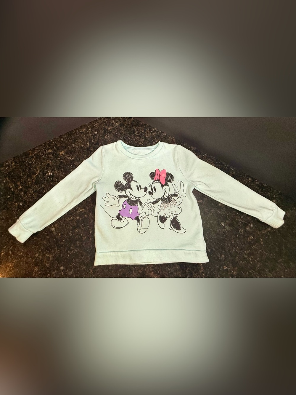 Disney Light Blue Kids Sweatshirt with Pink Bow and Purple Accent sz 4